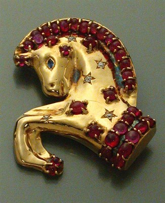 Lot 455 - Gold, Diamond and Ruby Carousel Horse Brooch