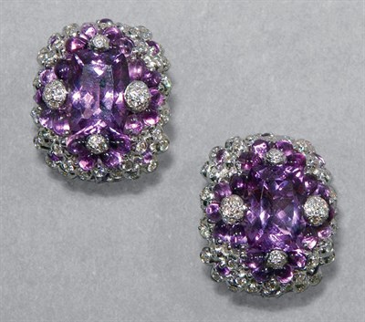 Lot 92 - Pair of Amethyst & Diamond Earclips