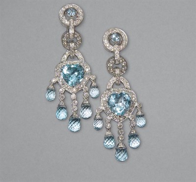 Lot 157 - Pair of Blue Topaz & Diamond Pendant -Earrings