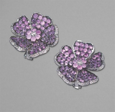 Lot 310 - Pair of  Dyed Purple Quartz and Diamond Earclips