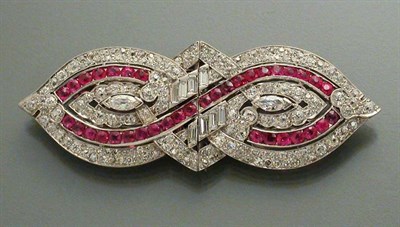 Lot 484 - Art Deco Diamond and Synthetic Ruby Double-Clip Brooch
