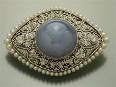 Lot 486 - Edwardian Star Sapphire, Diamond and Seed Pearl Brooch