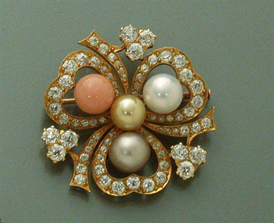 Lot 481 - Diamond and Multi-Colored Pearl Brooch