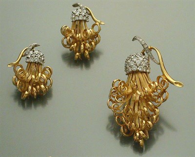 Lot 439 - Gold and Diamond Brooch and Pair of Earclips