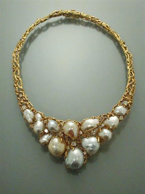 Lot 445 - Gold, Baroque Cultured Pearl and Diamond Necklace