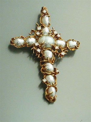 Lot 444 - Gold, Baroque Cultured Pearl and Diamond Cross Pendant