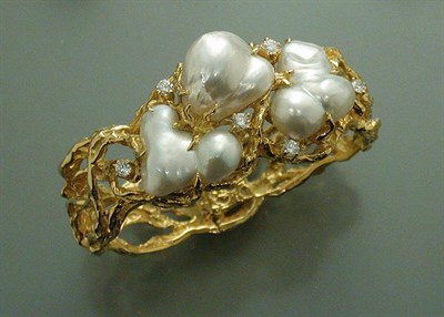 Lot 451 - Gold, Baroque Cultured Pearl and Diamond Cuff Bangle
