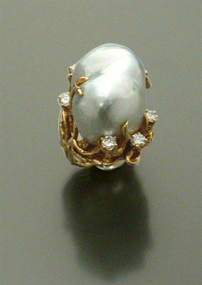 Lot 446 - Gold, Baroque Cultured Pearl and Diamond Ring