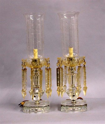Lot 494 - Pair of Cut Glass Lustres with Hurricane Shades
