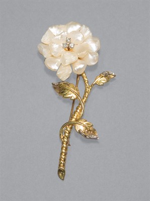 Lot 140 - Freshwater Pearl & Diamond Flower Pin