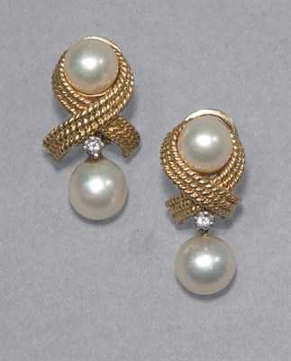 Lot 146 - Pair of Gold, Cultured Pearl & Diamond Earclips