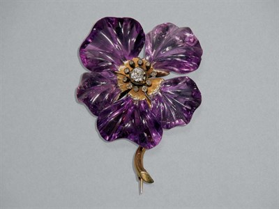 Lot 43 - Carved Amethyst & Diamond Flower Brooch