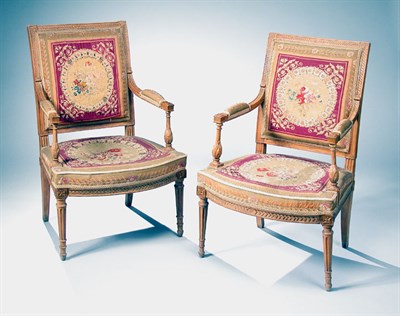 Lot 4177 - Pair of Louis XVI Carved Beechwood Fauteuils...