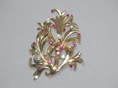 Lot 458 - Gold, Diamond and Ruby Leaf Brooch