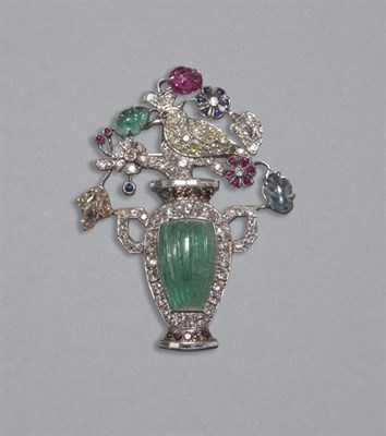 Lot 356 - Diamond & Carved Colored Stone Brooch