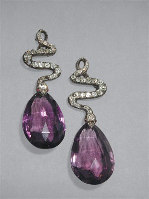 Lot 357 - Pair of Antique Amethyst & Diamond Pendant-Earrings