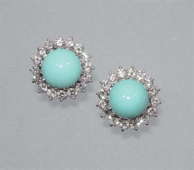 Lot 374 - Pair of Turquoise & Diamond Earclips
