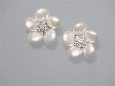 Lot 399 - Pair of Freshwater Pearl & Diamond Flower Earclips