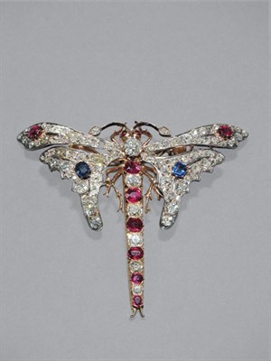Lot 337 - Diamond, Ruby & Sapphire Dragonfly Brooch