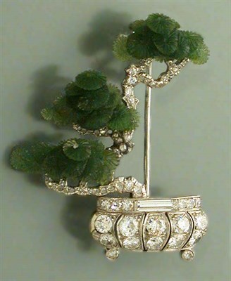 Lot 499 - Diamond and Nephrite Jade Bonsai Pin
