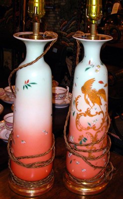 Lot 220 - Pair of Enamel Decorated Glass Lamps