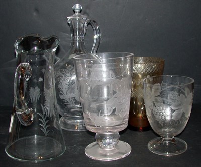 Lot 286 - Three Etched Glass Vases, Etched Glass Pitcher...