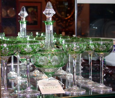 Lot 288 - Green Cut to Clear Glass Cordial Set...
