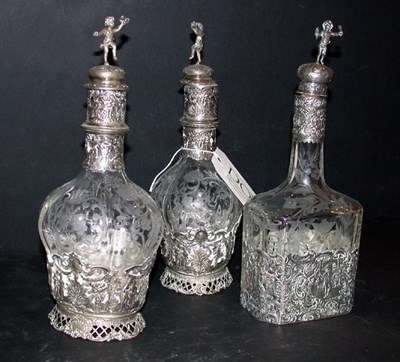 Lot 387 - Three Continental Silver Mounted Etched Glass...