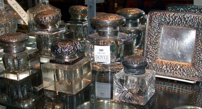 Lot 389 - Five Sterling Silver Mounted Ink Bottles,...