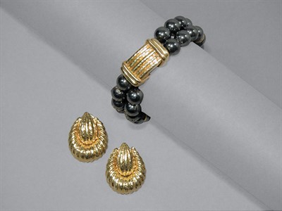 Lot 338 - Gold & Hematite Bracelet & Pair of Earclips