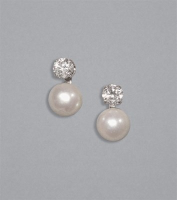 Lot 340 - Pair of Cultured Pearl & Diamond Earrings
