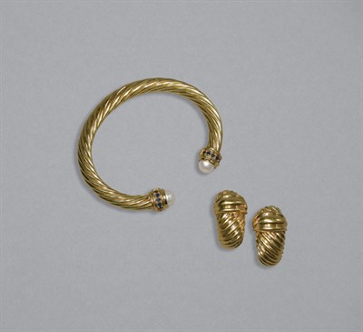 Lot 343 - Gold, Cultured Pearl & Sapphire Bangle & Pair of Earrings