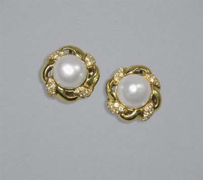 Lot 345 - Pair of Gold, Cultured Pearl & Diamond Earclips