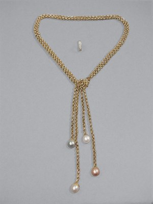 Lot 346 - Two Gold & Cultured Pearl Lariat Necklaces & Diamond Spacer