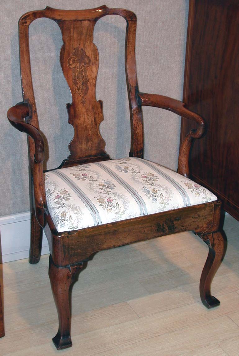 Lot 2102 - Georgian Inlaid Walnut Open Armchair The yoked...