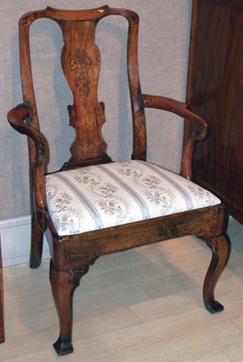 Lot 2102 - Georgian Inlaid Walnut Open Armchair The yoked...