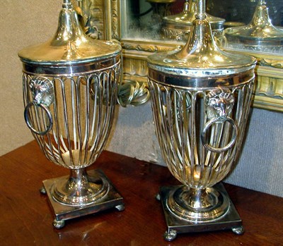 Lot 1415 - Pair of Silver Plated Open Urn Form Lamps