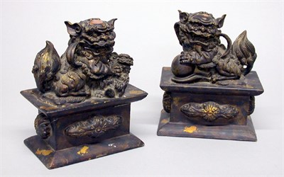 Lot 2135 - Pair of Chinese Lacquered Carved Wood Fu Lions...