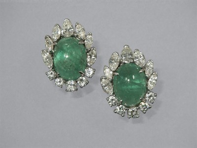 Lot 421 - Pair of Cabochon Emerald & Diamond Earrings