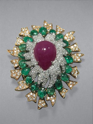 Lot 422 - Diamond, Cabochon Ruby & Emerald Clip-Brooch