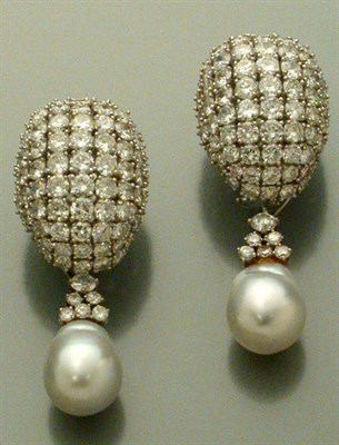 Lot 461 - Pair of Diamond and Cultured Pearl Pendant-Earrings