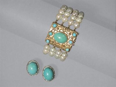 Lot 434 - Cultured Pearl Bracelet & Pair of Turquoise & Diamond Earrings