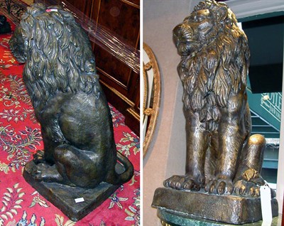 Lot 1439 - Pair of Patinated-Bronze Lions