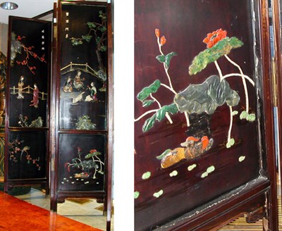 Lot 1444 - Chinese Hardstone Decorated Four-Panel Screen