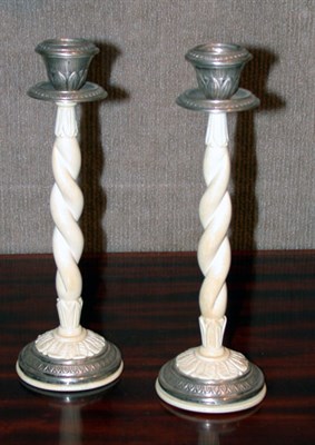 Lot 2621 - Pair of Silver Mounted Carved Ivory Candlesticks