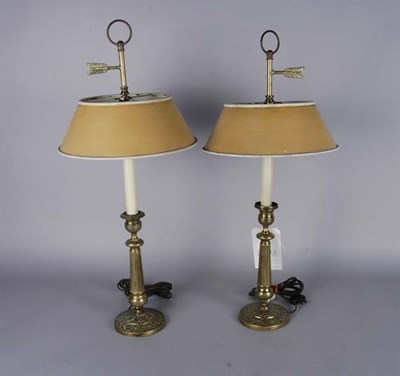 Lot 1606 - Pair of Gilt-Metal Candlestick Lamps with Tole...