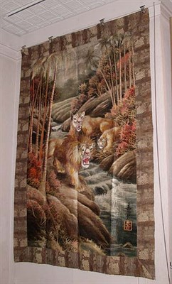 Lot 2175A - Large Japanese Silk Textile of Two Lions in a...