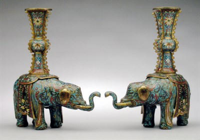 Lot 4276 - Pair of Chinese Cloisonne Elephant Vases 19th...