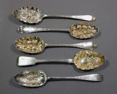 Lot 4362 - Group of Five George III Silver Berry Spoons...