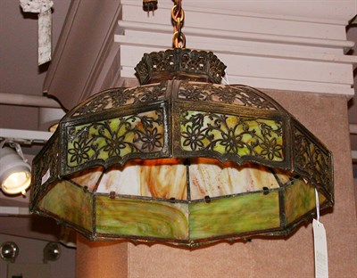 Lot 2649 - Stained Glass and Brass Two-Light Hall Light